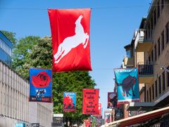Livlig gata med röda och blå flaggor med djurmotiv och socialistiska symboler.