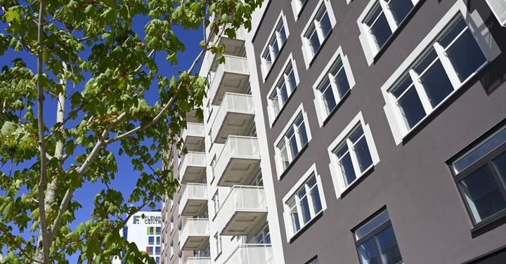 Husfasader mot klarblå himmel och träd