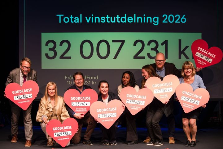 En grupp människor poserar glada framför en stor skylt med texten "Total vinstutdelning 2026: 32 007 231 kr". De håller hjärtformade skyltar med olika belopp.