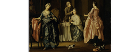 Pehr Hilleström (1732 - 1816) ”Morgontoiletten. Boudoir-scen”. Målningen visar en dams morgonbestyr där en jungfru har plockat fram olika klänningar för henne att välja mellan. Den ena av ett broscherat tyg på blå botten med blommor och slingrande former i olika färger.  Målningen finns på Nationalmuseum.