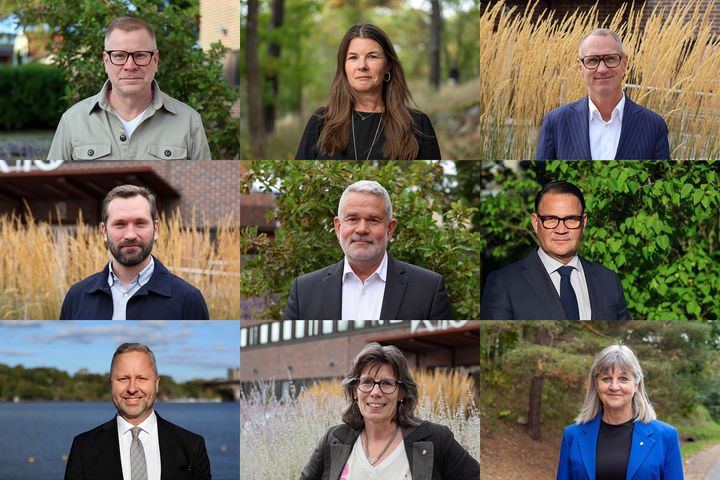 Nio nya direktörer på Fortifikationsverket. Från vänster överst: Nils Johansson, avdelningsdirektör för geografi Norr; Åsa Albihn, avdelningsdirektör för geografi Mitt; Karl de Verdier, avdelningsdirektör för geografi Väst, Robin Backebjörk, avdelningsdirektör för geografi Syd; Anton Dahlmark, avdelningsdirektör för fortifikatorisk utveckling och produktionsstöd; Mikael Widelund, avdelningsdirektör för produktionsstaben; Mattias Näslund, avdelningsdirektör för verksamhetsstöd; Ellenor Rör Axelsson, avdelningsdirektör för IT; Marinette Nyh Radebo, avdelningsdirektör för verksledningskansliet.