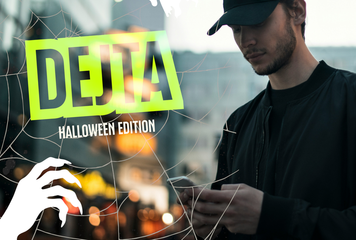 En kille i keps kollar på sin mobiltelefon i mörkret. Ovanpå ett collage med framsidan till Dejta Halloween edition.