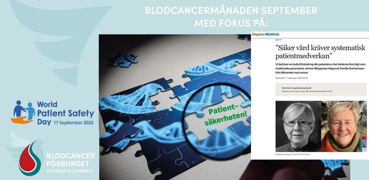 Blodcancerförbundets styrelseledamot Gunilla Gunnarsson är läkare och har varit nationell cancersamordnare i Sverige. Nu propagerar hon för patientsäkerheten från andra hållet. Montage BLCF med skärmdump från Dagens Medicin