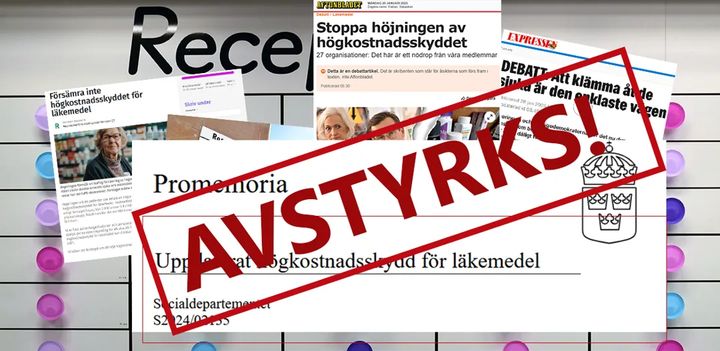 Protesterna mot regeringens förslag på kraftig höjning av egenavgiften på läkemedel växer och nu remissvarar 53 patientorganisationer unisont. Foto och montage: Håkan Sjunnesson BLCF