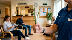 En vårdpersonal håller i grässtrån framför ett väntrum med väntande patienter.