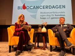 Två personer samtalar på scenen i varsin gul fåtölj