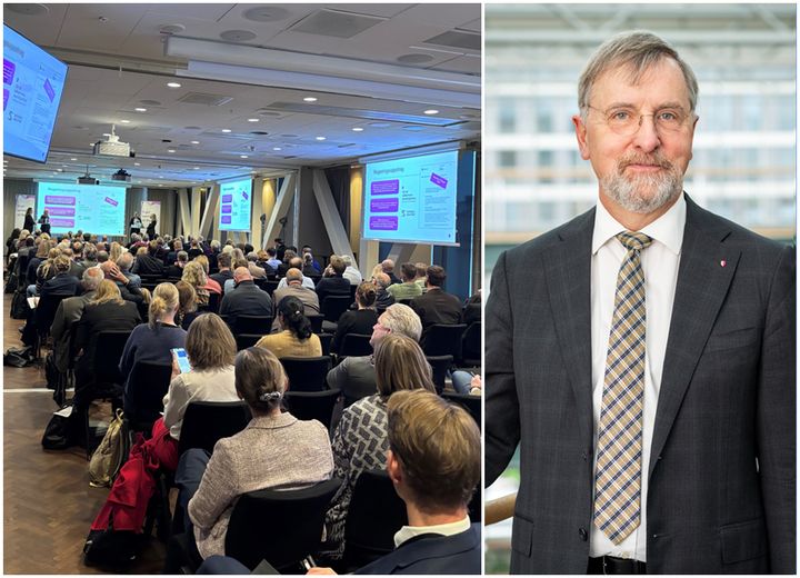 En delad bild mellan en sal med presentationer och ett porträtt på genereladirektör Michael Knochenhauer