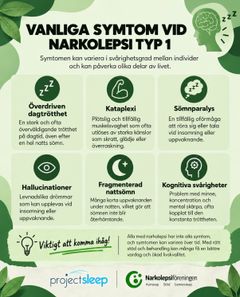Enkel förklaring och exempel på vanliga symptom för den som har Narkolepsi typ 1 (med kataplexi)