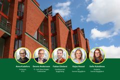 Bild av ett rött tegelhus med fem porträttbilder av personer i gula ramar längst ner, med namn och titlar: Anna Kadefors (Professor, KTH), Dennis Andersson (Tf. chef Stora Projekt, Trafikverket), Fabian Edeland (Områdeschef, ByggDialog), Kajsa Hessel (Vd, Svensk Byggtjänst) och Sofie Kalodimos (Redaktör, Svensk Byggtjänst).