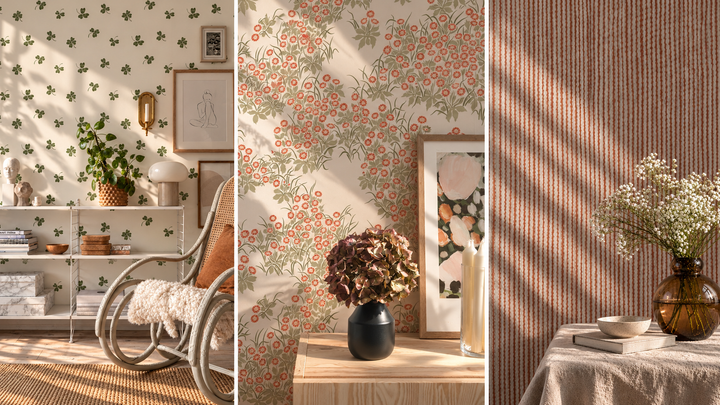 Tre hemmiljöer med tapeter: gröna klöverblad, röda blommor med grönt bladverk och böljande terrakottafärgade ränder.