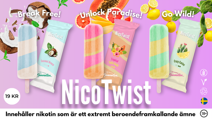 Den tobaksfria nikotinglassen NicoTwist i tre fräscha smaker, för personer över 25 år.