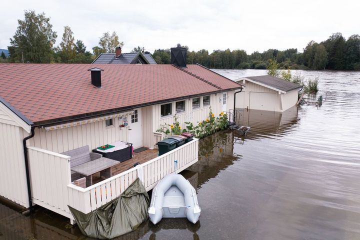 Extremvädret Hans 2023 drabbade stora områden i Sverige, Norge, Danmark och Finland. De materiella skadorna blev omfattande. Bilden visar ett drabbat område utanför norska staden Drammen.