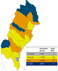 Skadenivåer på respektive älgförvaltningsområde i södra och norra Norrland.