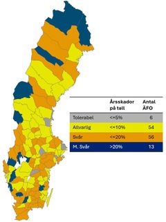 Andel årsskador på ungtall fördelat på landets älgförvaltningeområden.