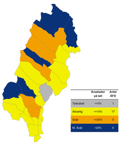 Skadenivåer i respektive älgförvaltningsområde i södra och norra Norrland.
