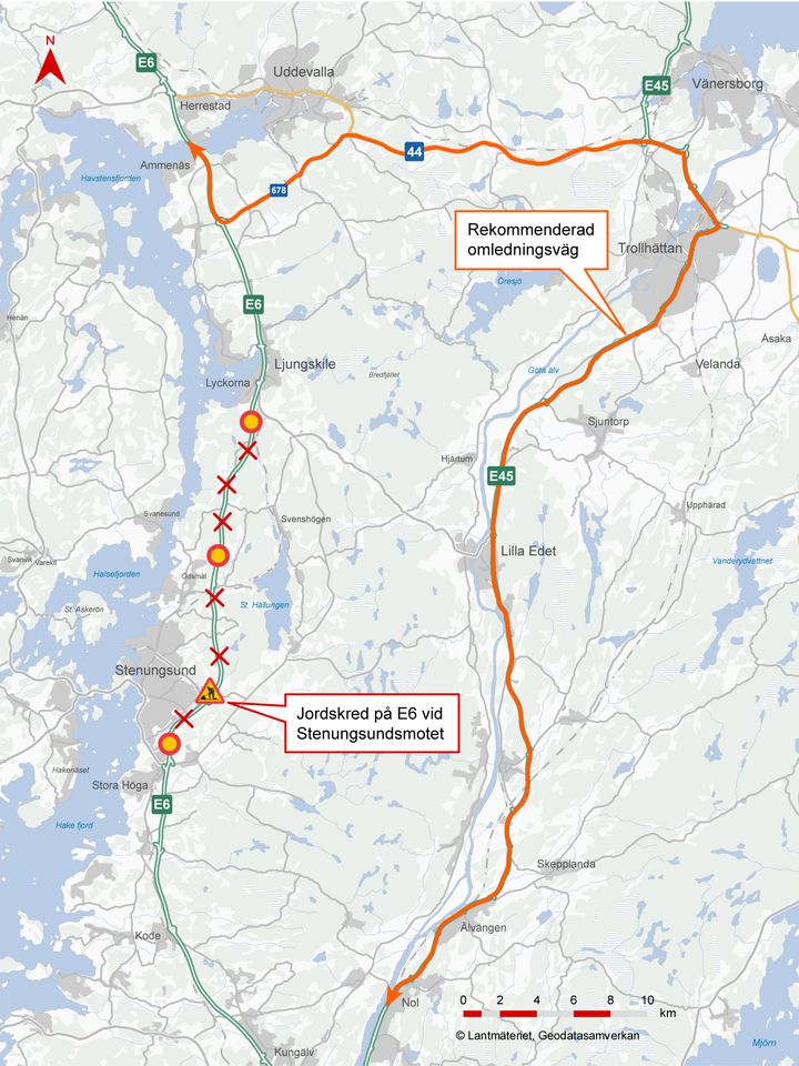 Karta rekommenderad omledning med anledning av skredet vid E6 Stenungsund