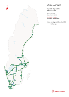 Karta vägnät för långa lastbilar 231201, grafik: Trafikverket.