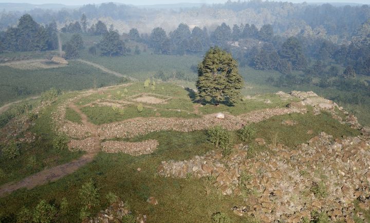 Fornborgen vid Landsjö som den skulle kunna ha sett ut för 2500 år sedan där stenmurarna fungerat som en slags färist. Stillbild från 3D-rekonstruktion.