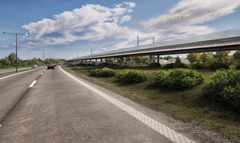 Visualisering av en vy från Timmerleden mot Strömsborg. Bilden är en tidig skiss där järnvägen går på en landskapsbro. Det är ännu inte beslutat exakt hur järnvägen kommer att utformas.