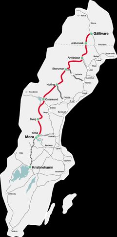 Inlandsbanan går från Kristinehamn–Filipstad och Mora–Gällivare. Grafik: IBAB