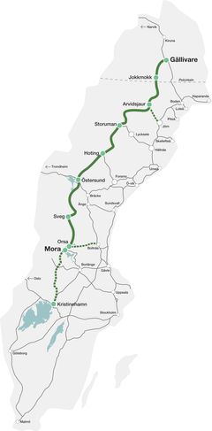 Inlandsbanan går från Kristinehamn–Filipstad och Mora–Gällivare. Grafik: IBAB