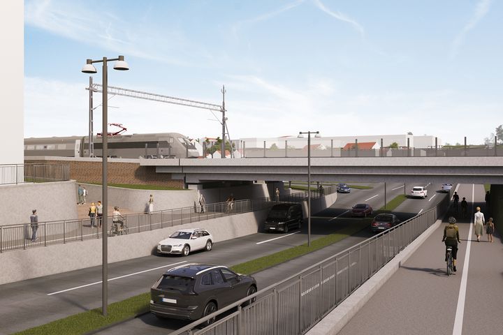 Visionsbild som visar järnvägsbron och Brunnsgatan när bygget är klart. Illustration: Trafikverket