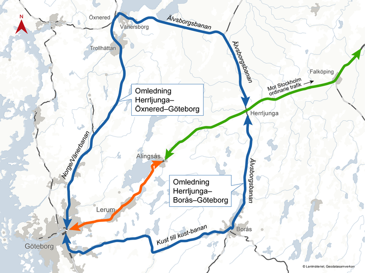 Tågen leds om på Norge/Vänerbanan, Älvsborgsbanan och Kust till kust-banan de helger Västra stambanan är avstängd mellan Göteborg och Alingsås.