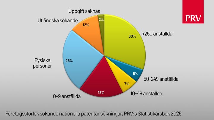 Nationella patentansökningar, sökande/företagsstorlek ur PRV:s Statistikårsbok 2025.