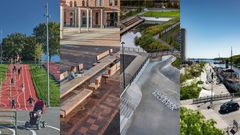 De nominerade till Landmärket 2023 är Aktivitetsslänten i Tensta, Bobergstorget i Stockholm, Elsa Eschelssons park i Uppsala och Norrtälje Hamnpromenad. Collage: Sveriges Arkitekter