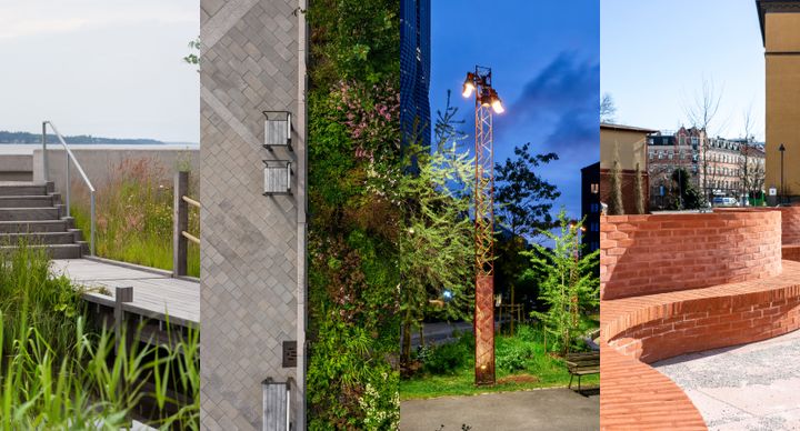 De fyra nominerade till Landmärket för årets bästa landskapsarkitektur: Framnäs Strandpark, Hamnplan i Sigtuna, Maskinparken och Rosa torget.