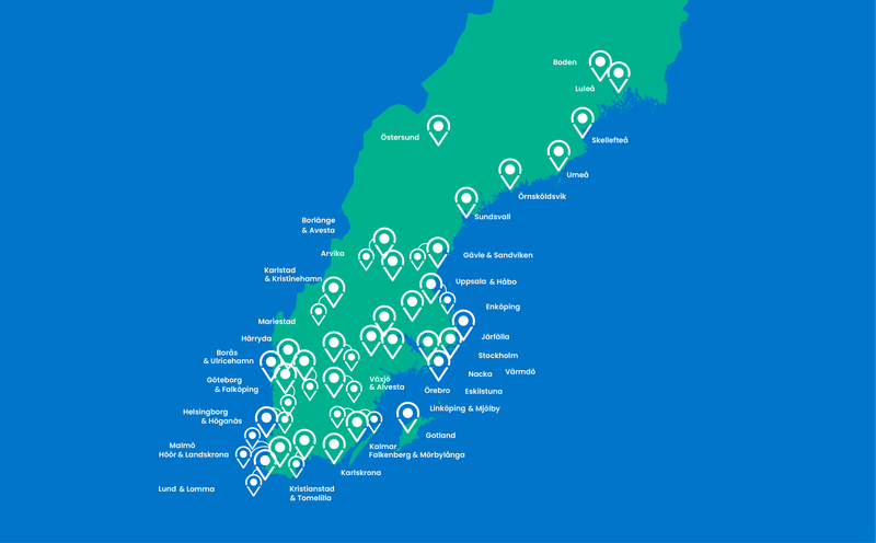 Karta över de 48 städer som ingår i Viable cities.