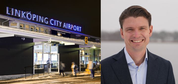 Alternativ text: Byggnaden för Linköping City Airport kvällstid och nye vd:n Magnus Grimhed.