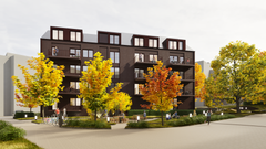 Illustrationsbilden visar flerbostadshuset sett från bostadsgården med den gestaltade vistelseytan i förgrunden.