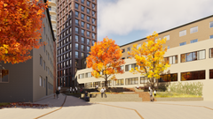 Illustrationsbild som visar hur stråket och gränden avses gestaltas med terrasseringar, gradänger, trappor och ramper i anslutning till de publika lokalerna i hotellets lägre del mot Nygatan.